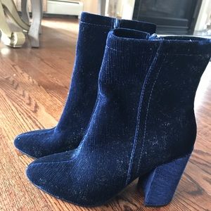 Navy velvet heeled boots